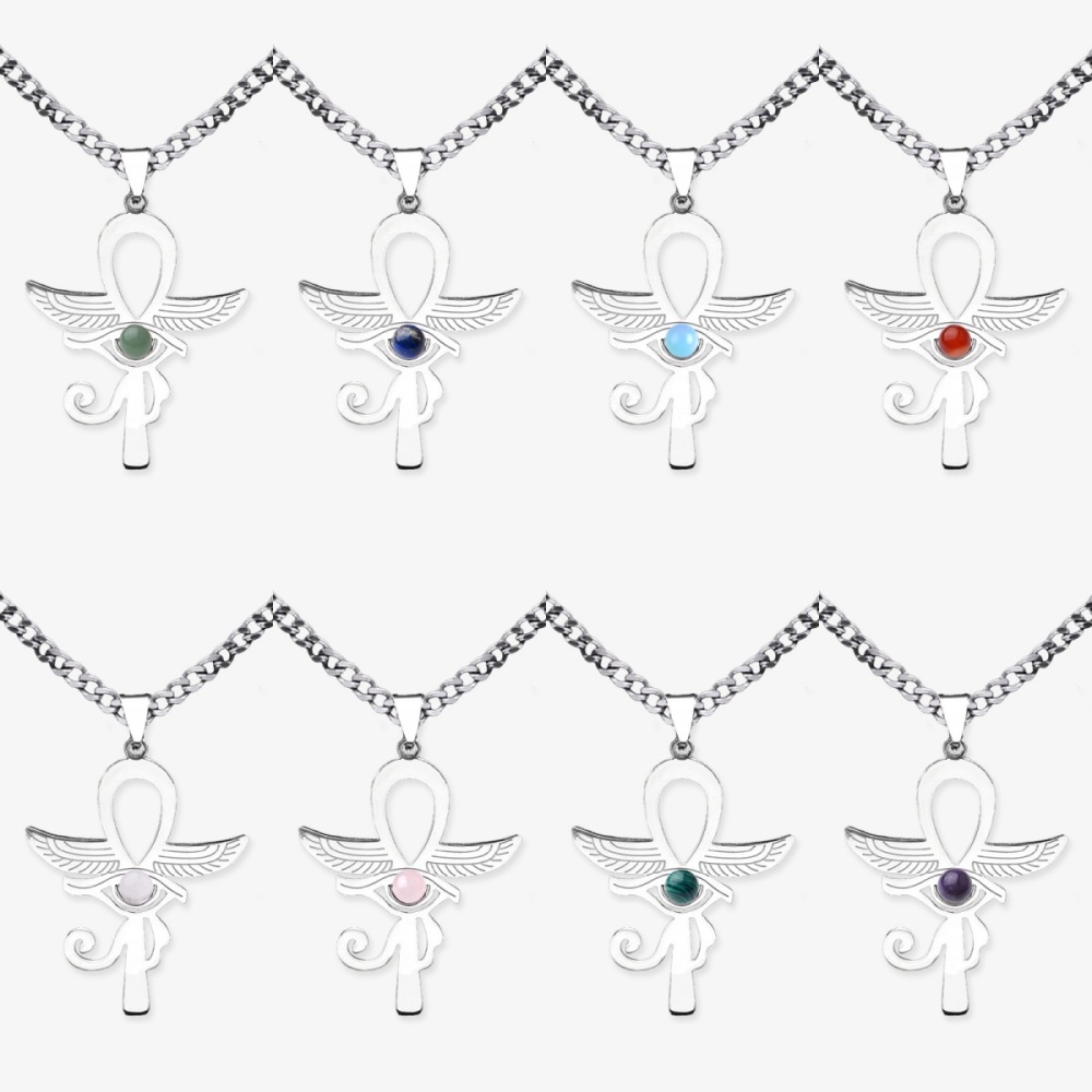 Stainless Steel Horus Eye Necklace Natural Gemstone Cabs Pendant With 50CM Chain