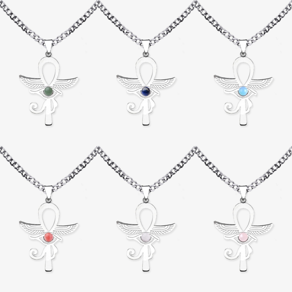 Stainless Steel Horus Eye Necklace Natural Gemstone Cabs Pendant With 50CM Chain