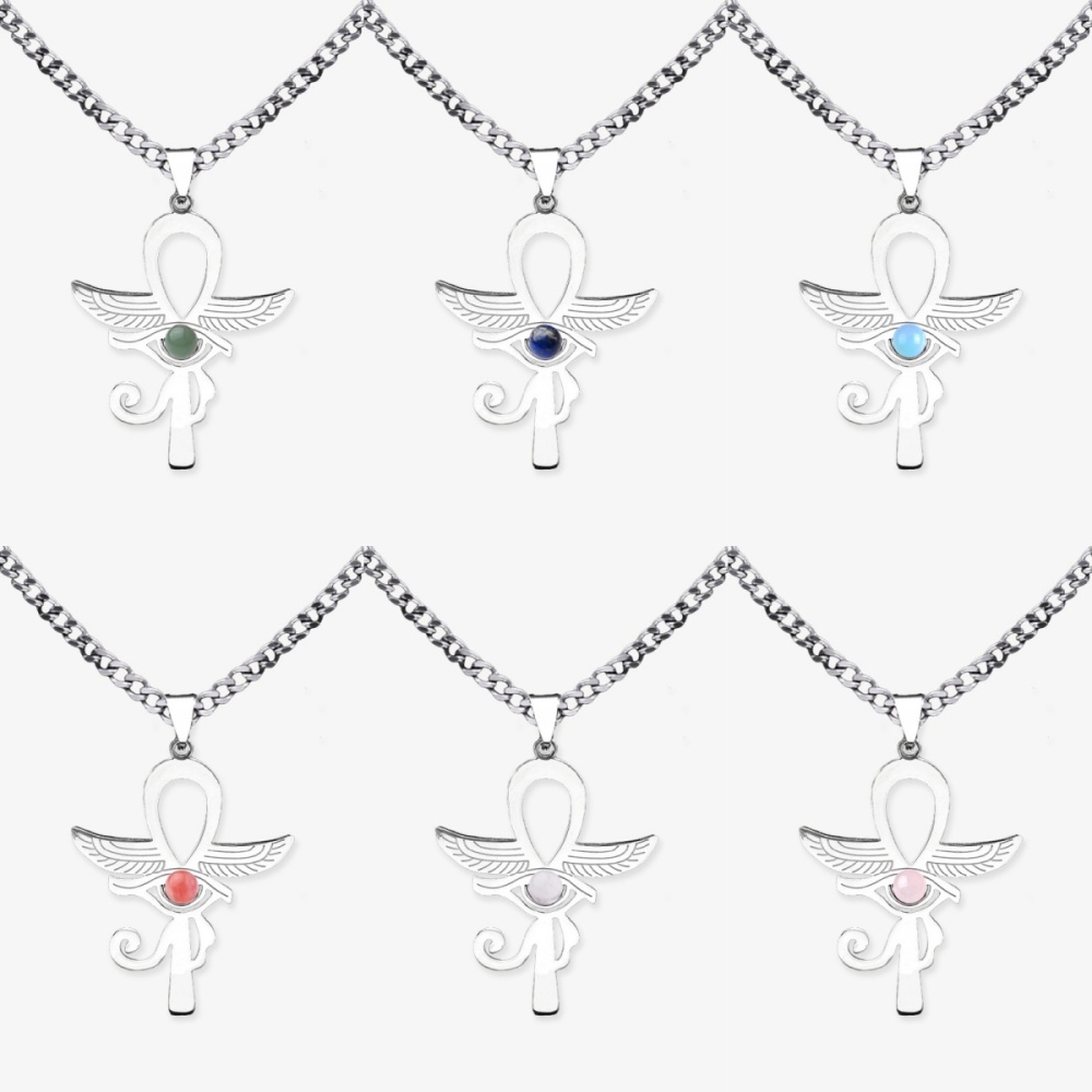Stainless Steel Horus Eye Necklace Natural Gemstone Cabs Pendant With 50CM Chain