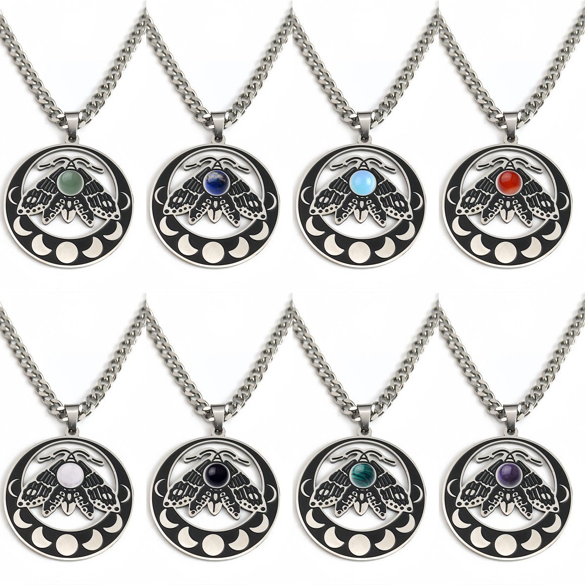 Stainless Steel Moth Necklace Natural Gemstone Cabs Pendant With 50CM Chain