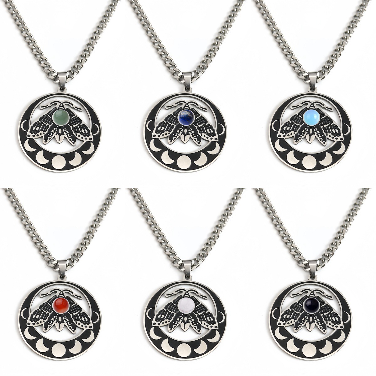 Stainless Steel Moth Necklace Natural Gemstone Cabs Pendant With 50CM Chain