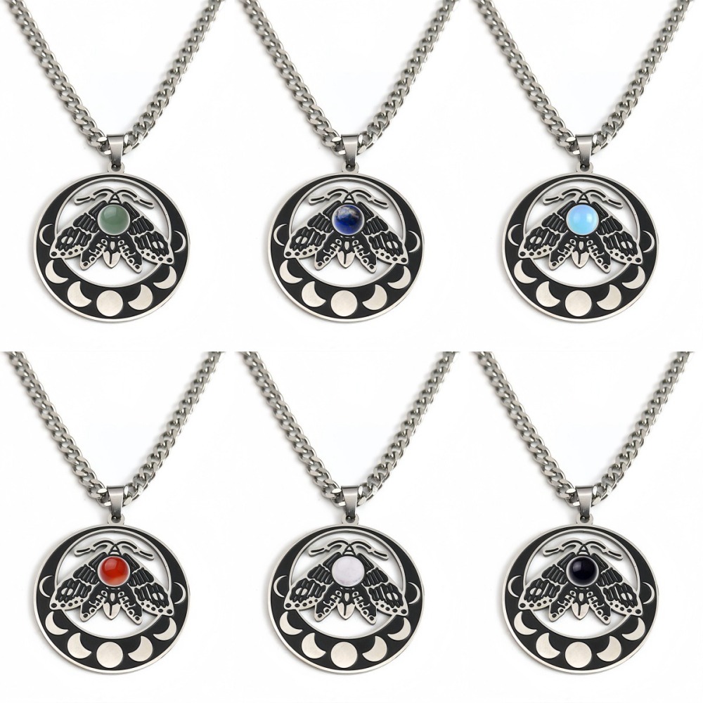 Stainless Steel Moth Necklace Natural Gemstone Cabs Pendant With 50CM Chain