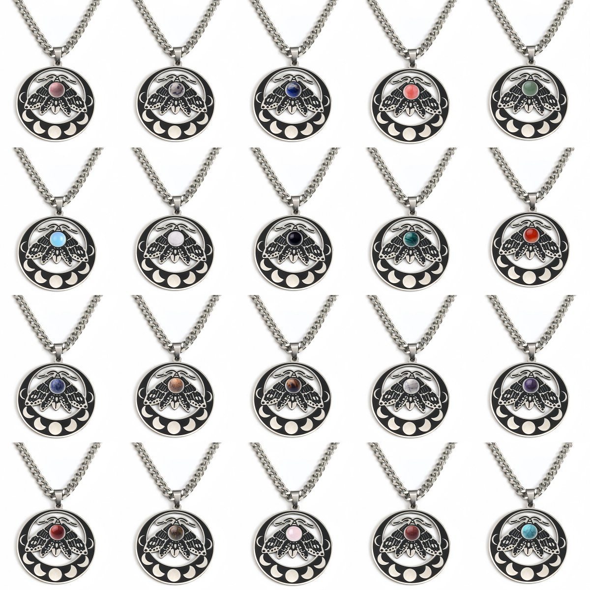 Stainless Steel Moth Necklace Natural Gemstone Cabs Pendant With 50CM Chain