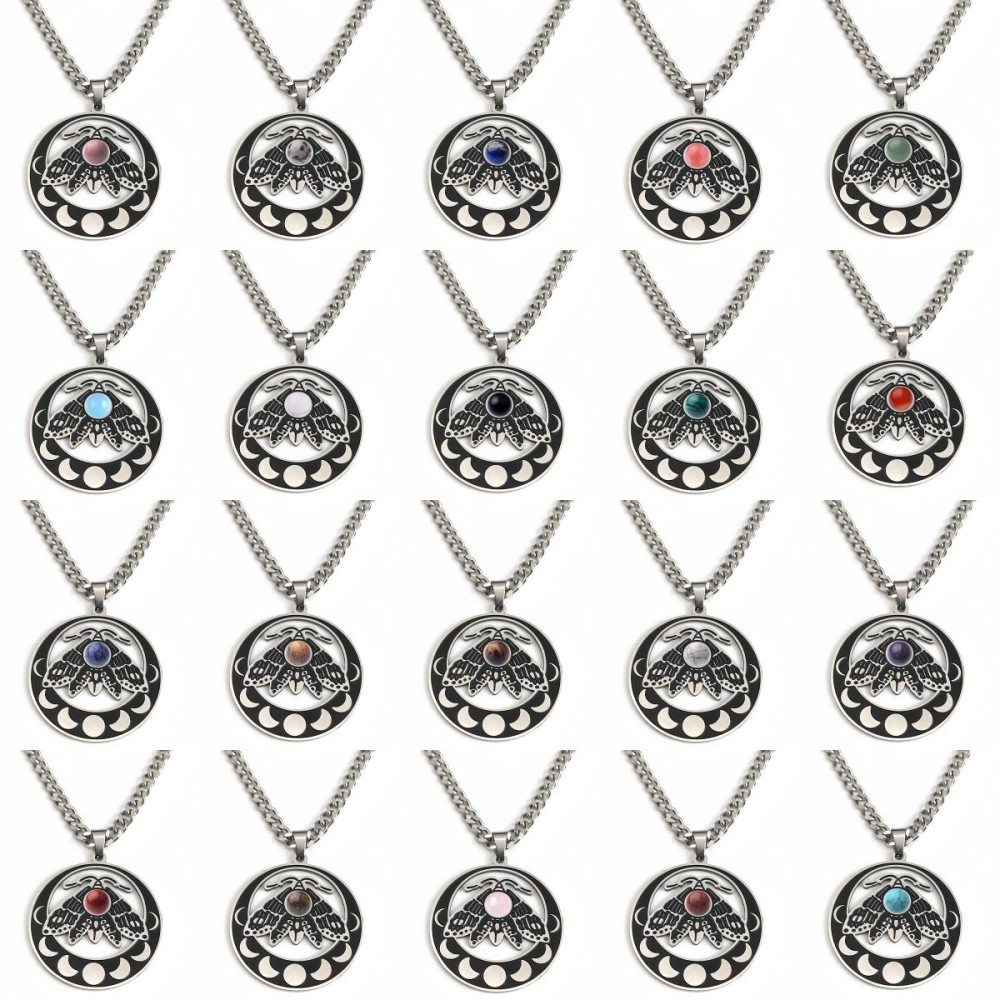 Stainless Steel Moth Necklace Natural Gemstone Cabs Pendant With 50CM Chain