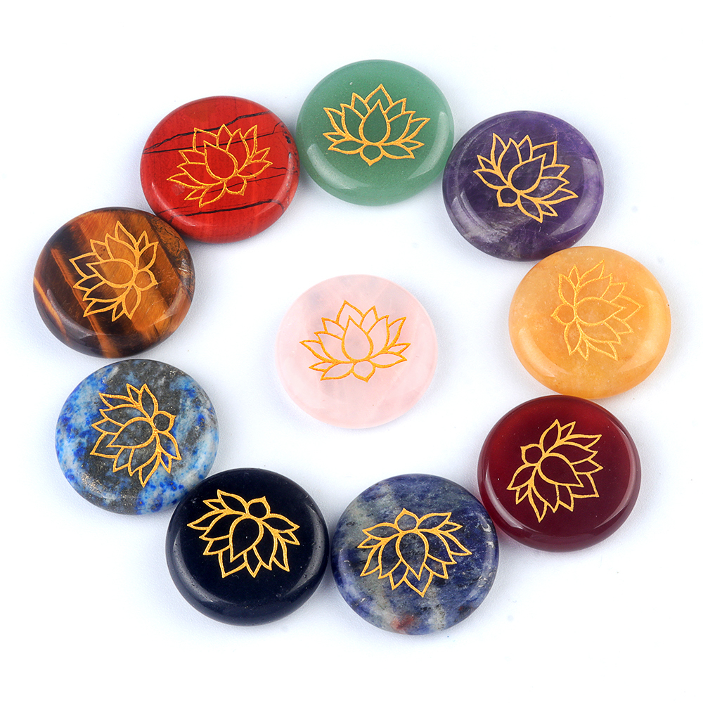 25MM Circular Disc Gemstone Ornament Handmade Craved Pattern-Lotus For Home Decor