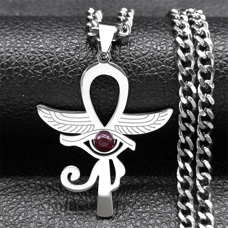 Stainless Steel Horus Eye Necklace Natural Gemstone Cabs Pendant With 50CM Chain