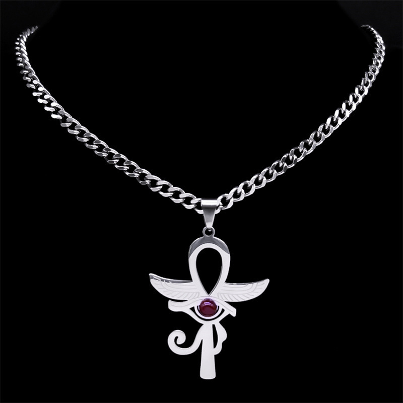 Stainless Steel Horus Eye Necklace Natural Gemstone Cabs Pendant With 50CM Chain