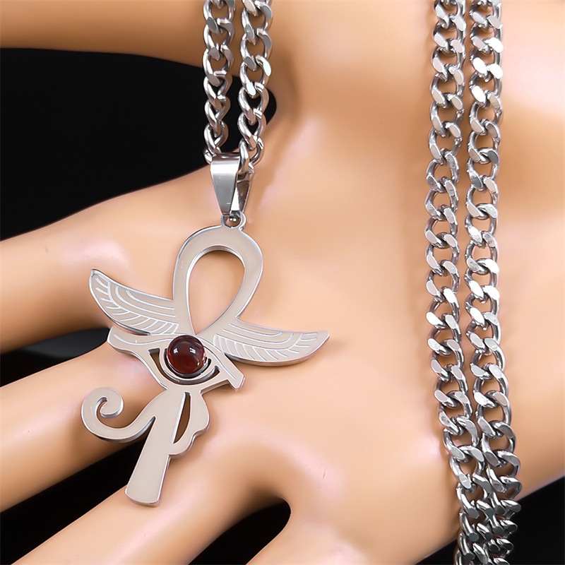 Stainless Steel Horus Eye Necklace Natural Gemstone Cabs Pendant With 50CM Chain
