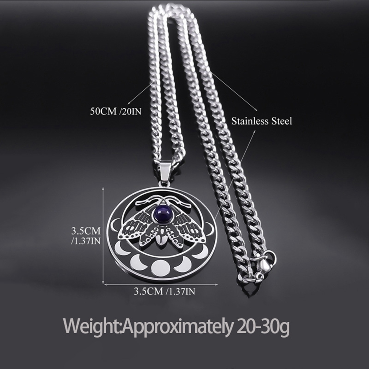 Stainless Steel Moth Necklace Natural Gemstone Cabs Pendant With 50CM Chain