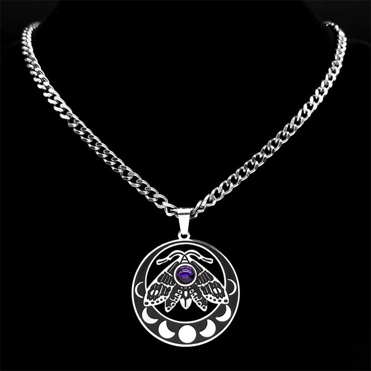 Stainless Steel Moth Necklace Natural Gemstone Cabs Pendant With 50CM Chain