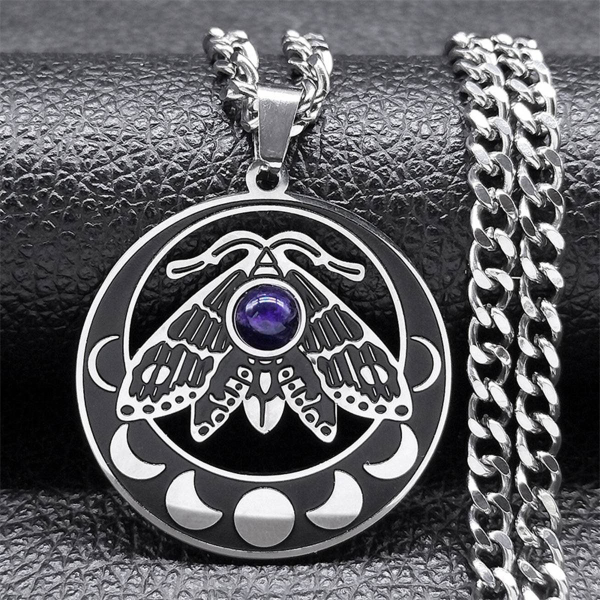 Stainless Steel Moth Necklace Natural Gemstone Cabs Pendant With 50CM Chain