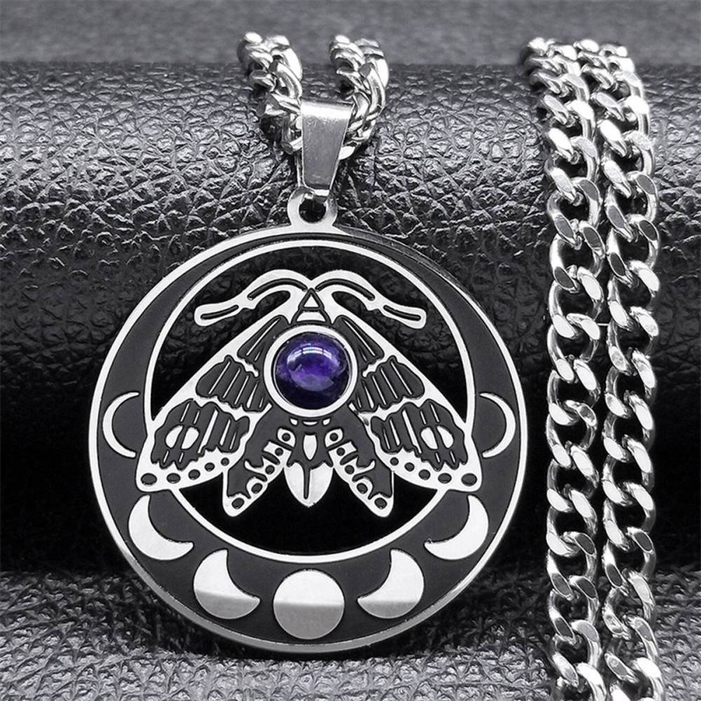 Stainless Steel Moth Necklace Natural Gemstone Cabs Pendant With 50CM Chain
