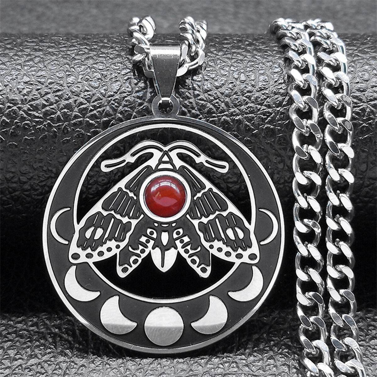 Stainless Steel Moth Necklace Natural Gemstone Cabs Pendant With 50CM Chain