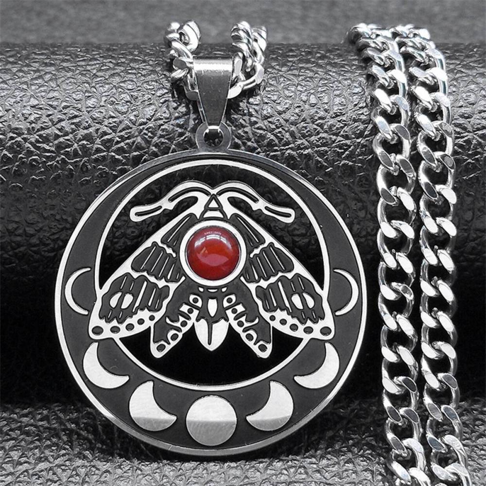 Stainless Steel Moth Necklace Natural Gemstone Cabs Pendant With 50CM Chain