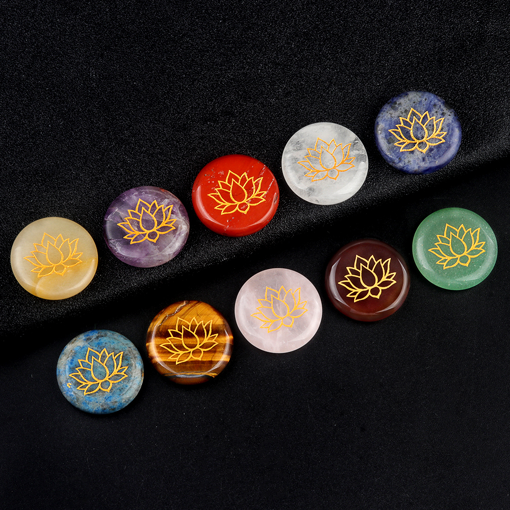 25MM Circular Disc Gemstone Ornament Handmade Craved Pattern-Lotus For Home Decor