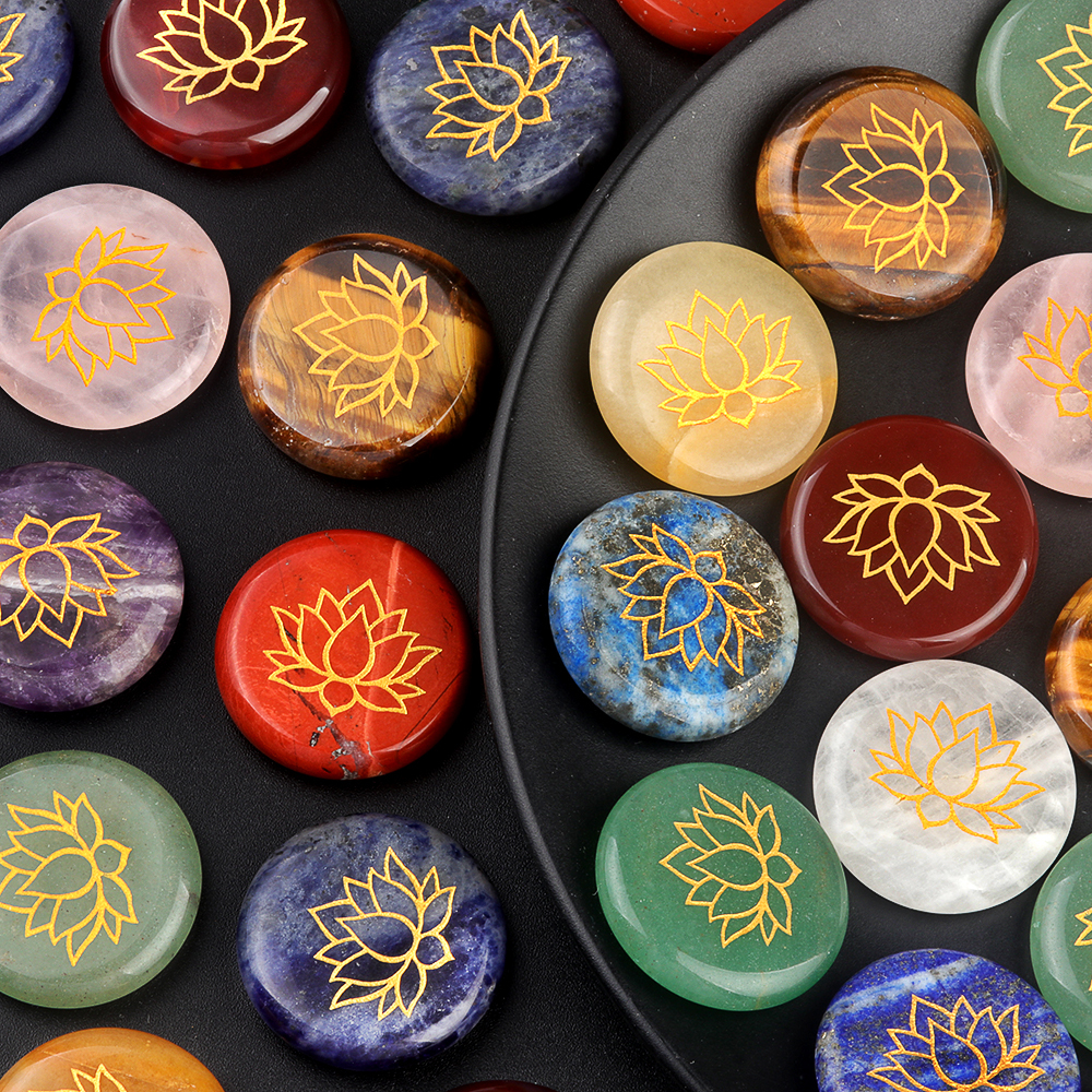25MM Circular Disc Gemstone Ornament Handmade Craved Pattern-Lotus For Home Decor