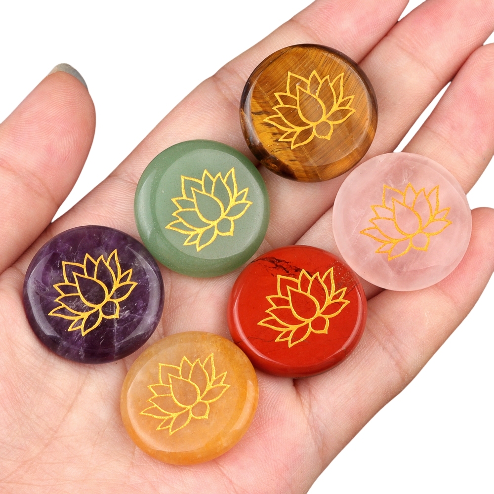25MM Circular Disc Gemstone Ornament Handmade Craved Pattern-Lotus For Home Decor