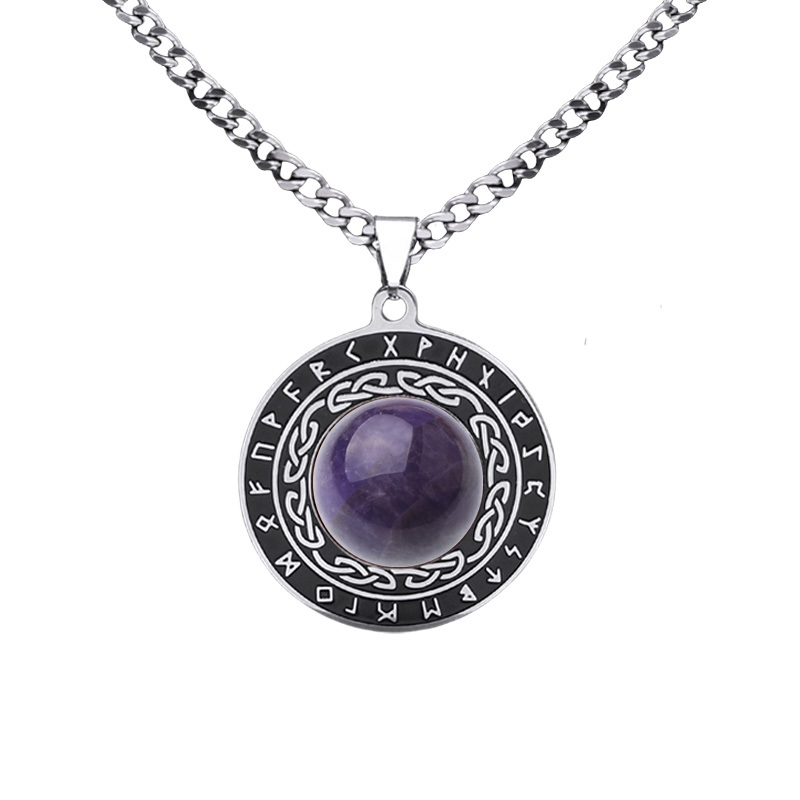 Stainless Steel Circular Necklace Natural Gemstone Cabs Pendant With 50CM Chain