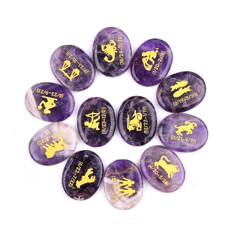 Zodiac or Horoscope Symbols Engraved Stones (Set of 12) for Reiki Healing Meditation Balancing Worry Gemstone Pocket