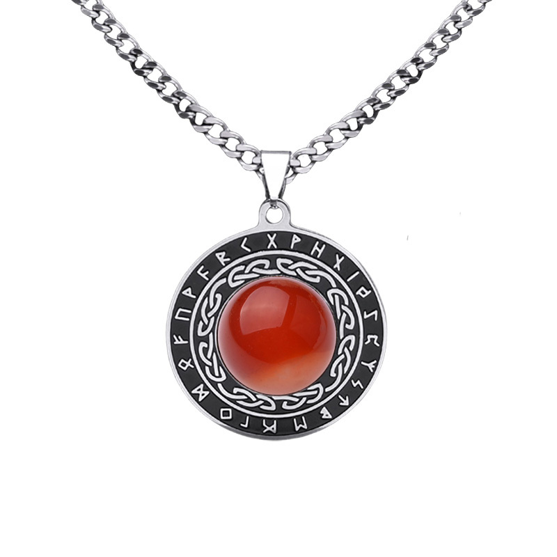 Stainless Steel Circular Necklace Natural Gemstone Cabs Pendant With 50CM Chain