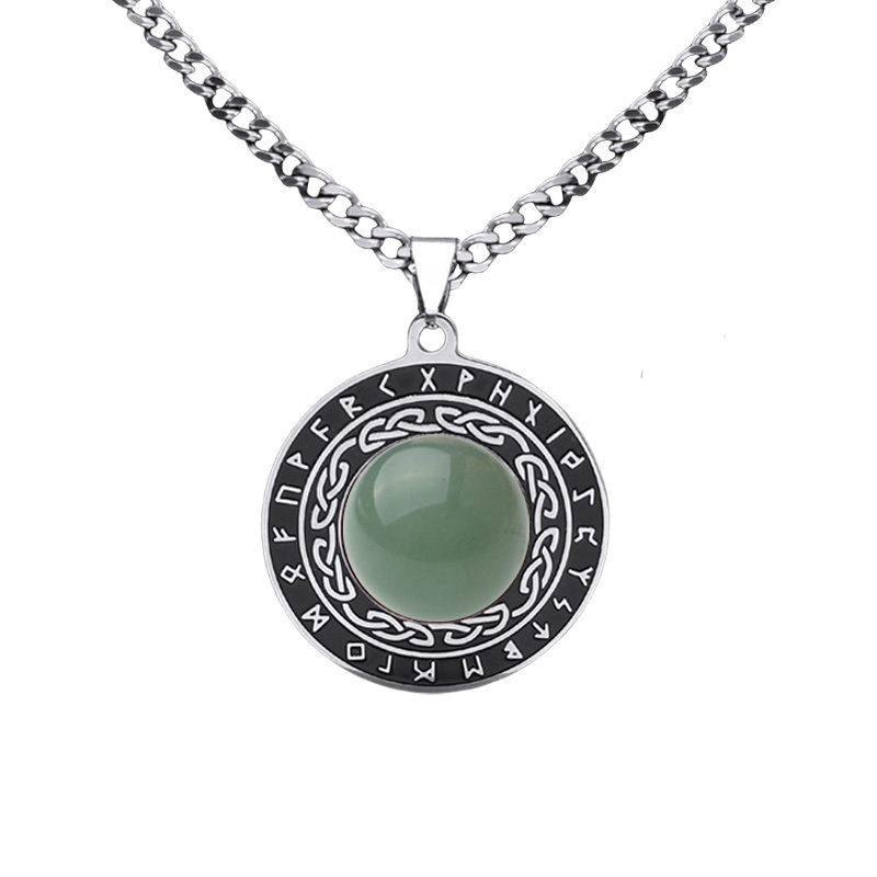 Stainless Steel Circular Necklace Natural Gemstone Cabs Pendant With 50CM Chain