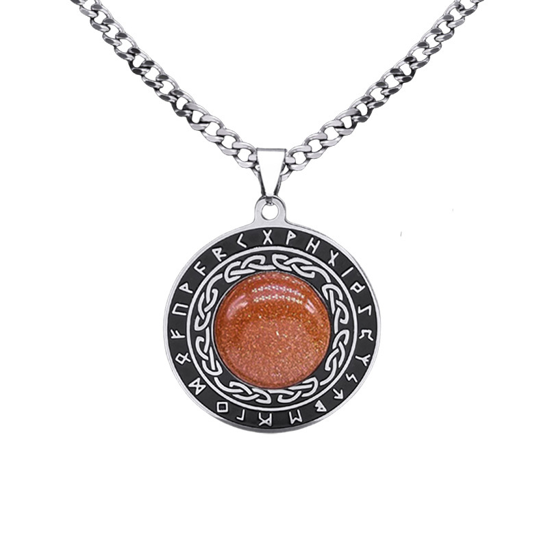 Stainless Steel Circular Necklace Natural Gemstone Cabs Pendant With 50CM Chain