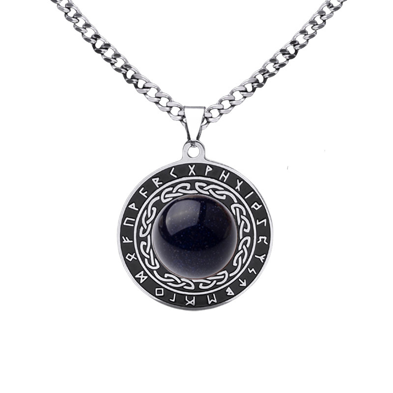 Stainless Steel Circular Necklace Natural Gemstone Cabs Pendant With 50CM Chain