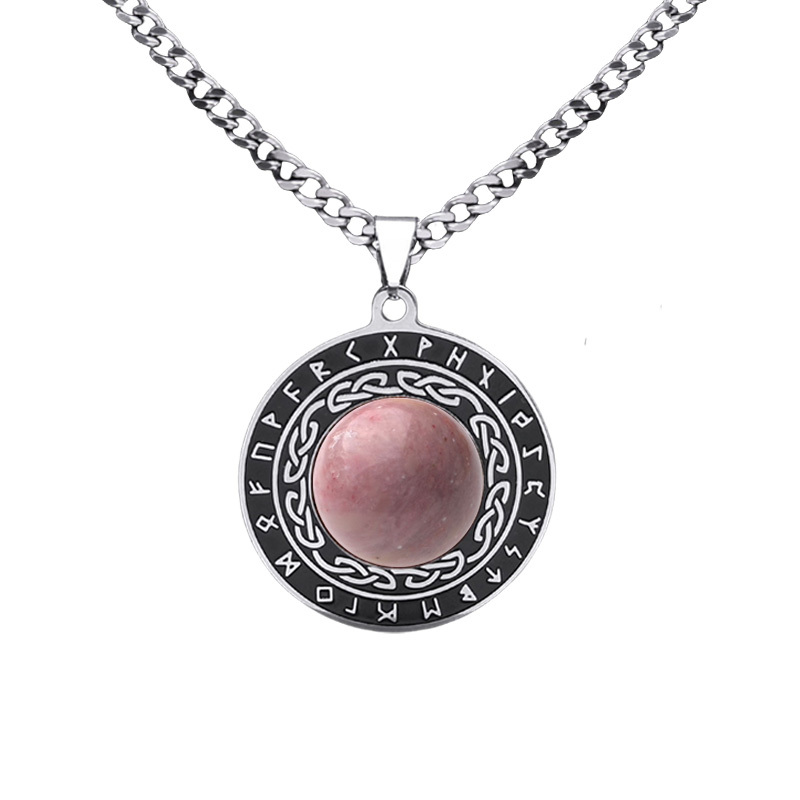 Stainless Steel Circular Necklace Natural Gemstone Cabs Pendant With 50CM Chain