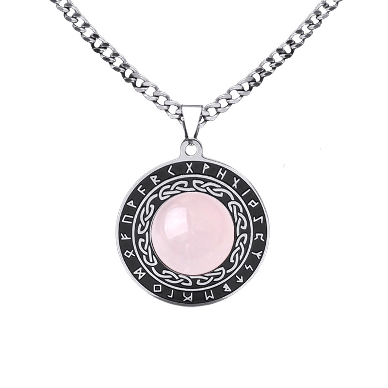 Stainless Steel Circular Necklace Natural Gemstone Cabs Pendant With 50CM Chain