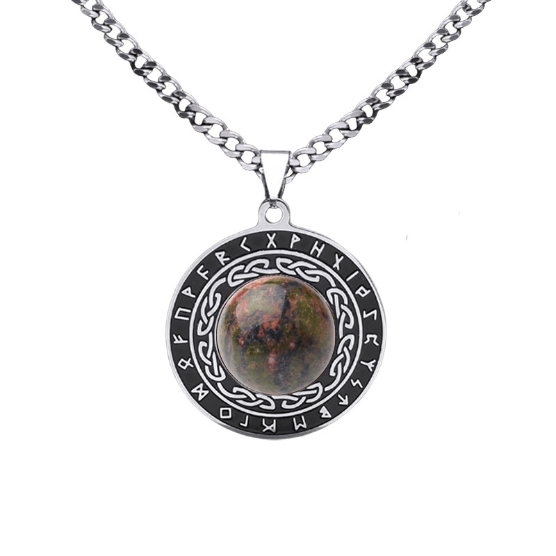 Stainless Steel Circular Necklace Natural Gemstone Cabs Pendant With 50CM Chain