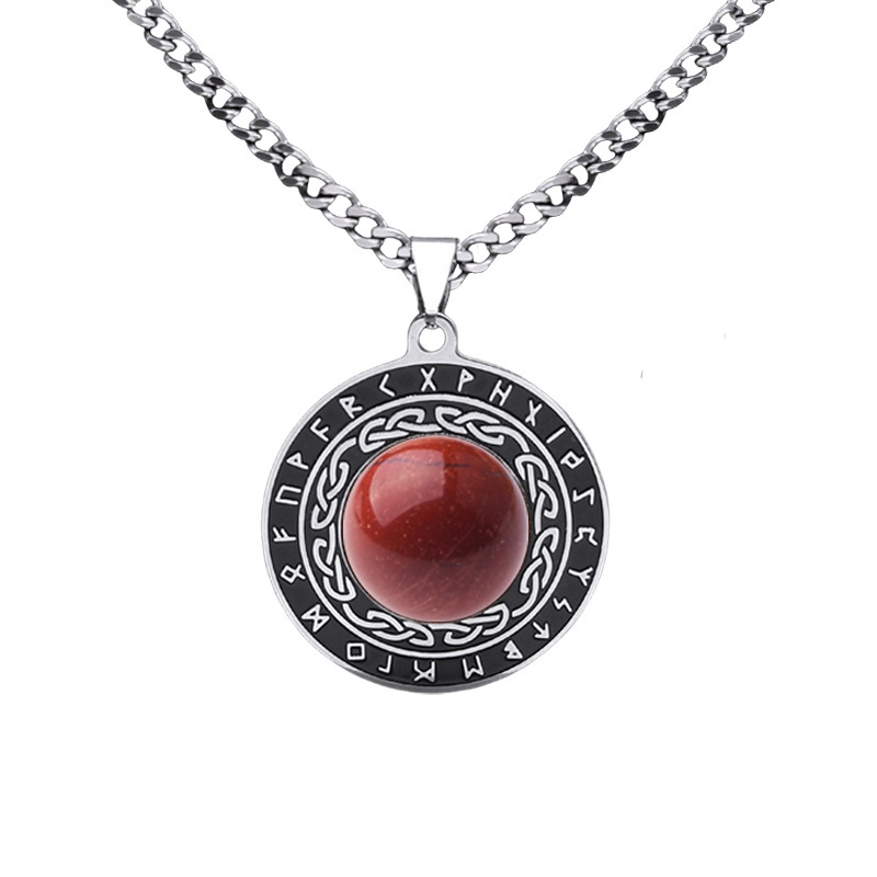 Stainless Steel Circular Necklace Natural Gemstone Cabs Pendant With 50CM Chain