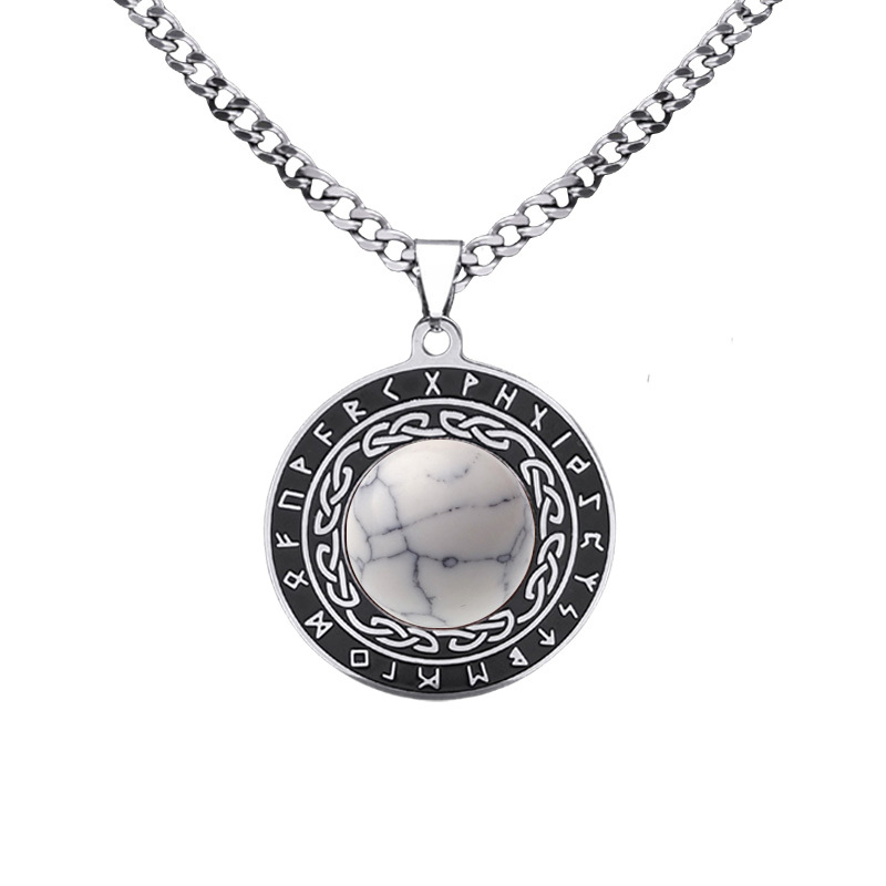 Stainless Steel Circular Necklace Natural Gemstone Cabs Pendant With 50CM Chain