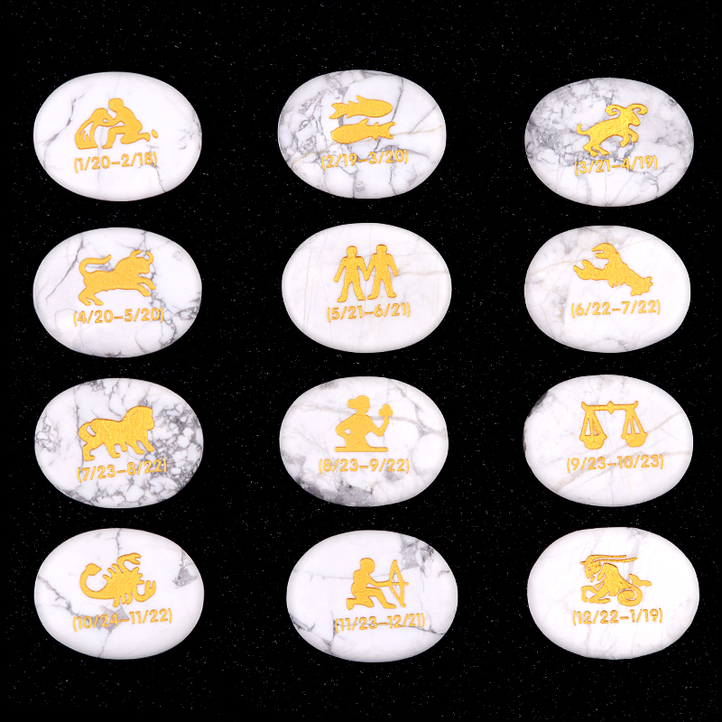 Yellow Tiger Eye Zodiac or Horoscope Symbols Engraved Stones (Set of 12) for Reiki Healing Meditation Balancing Worry Gemstone Pocket
