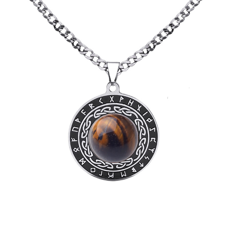 Stainless Steel Circular Necklace Natural Gemstone Cabs Pendant With 50CM Chain