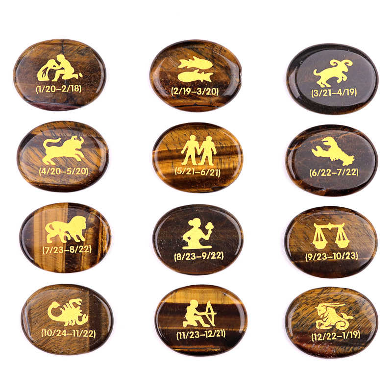 Red Jasper Zodiac or Horoscope Symbols Engraved Stones (Set of 12) for Reiki Healing Meditation Balancing Worry Gemstone Pocket