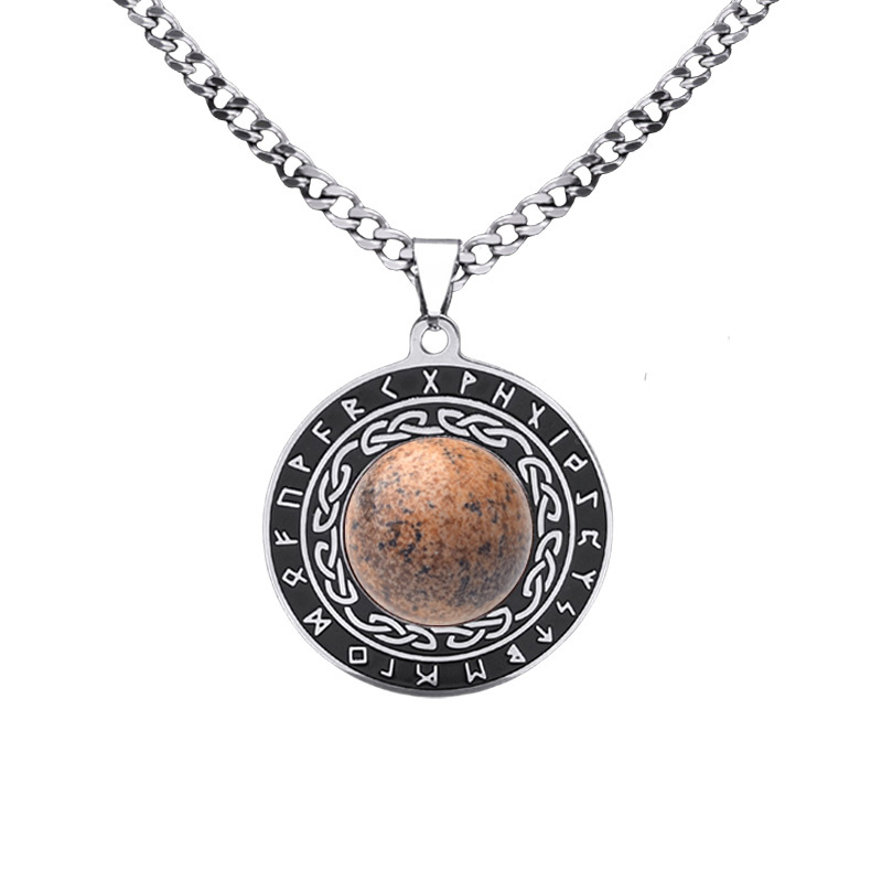 Stainless Steel Circular Necklace Natural Gemstone Cabs Pendant With 50CM Chain
