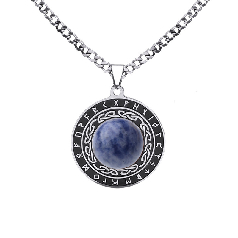 Stainless Steel Circular Necklace Natural Gemstone Cabs Pendant With 50CM Chain