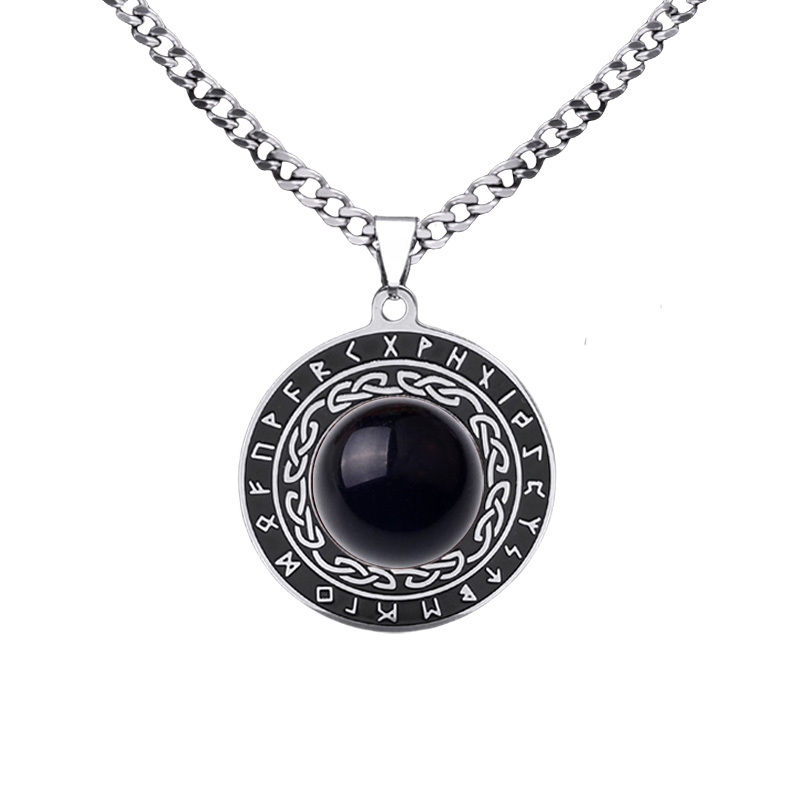 Stainless Steel Circular Necklace Natural Gemstone Cabs Pendant With 50CM Chain