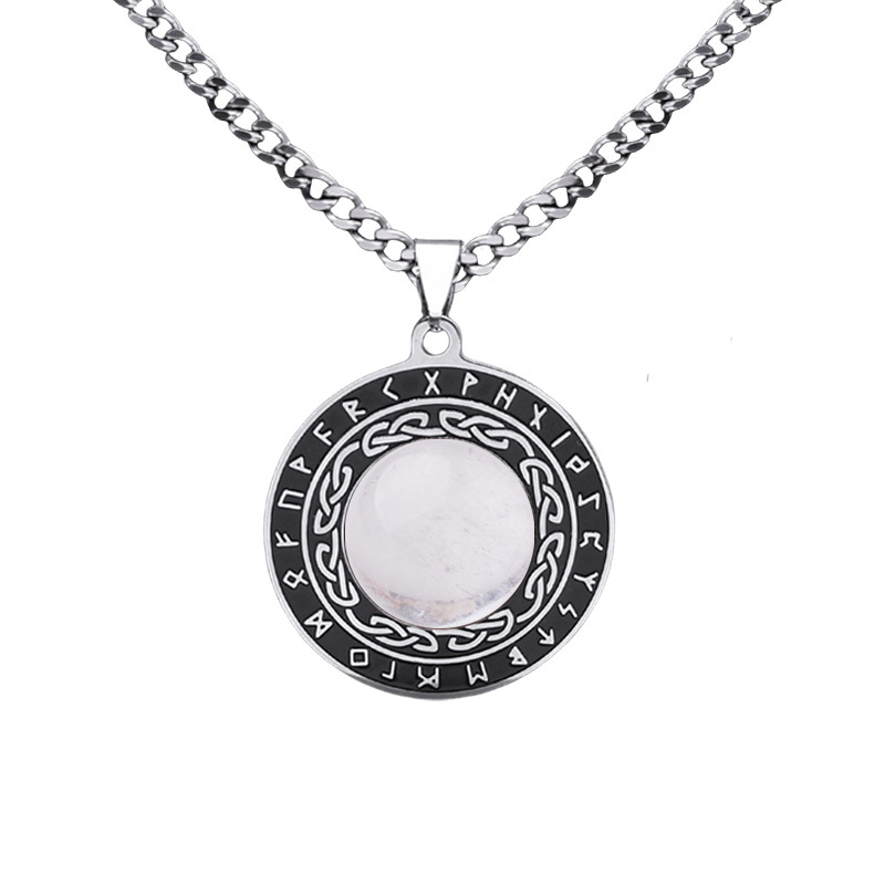 Stainless Steel Circular Necklace Natural Gemstone Cabs Pendant With 50CM Chain