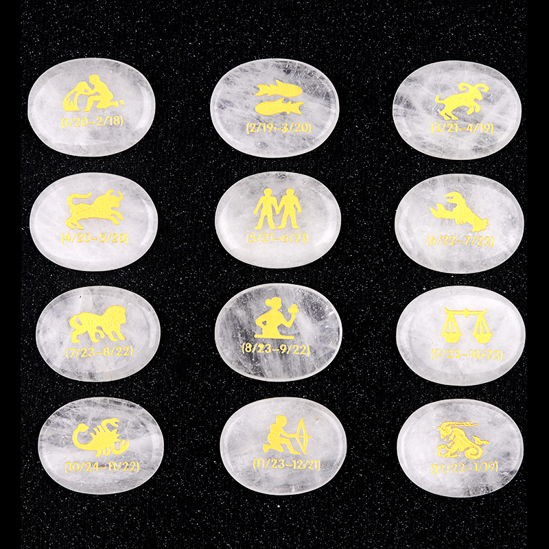 Yellow Tiger Eye Zodiac or Horoscope Symbols Engraved Stones (Set of 12) for Reiki Healing Meditation Balancing Worry Gemstone Pocket