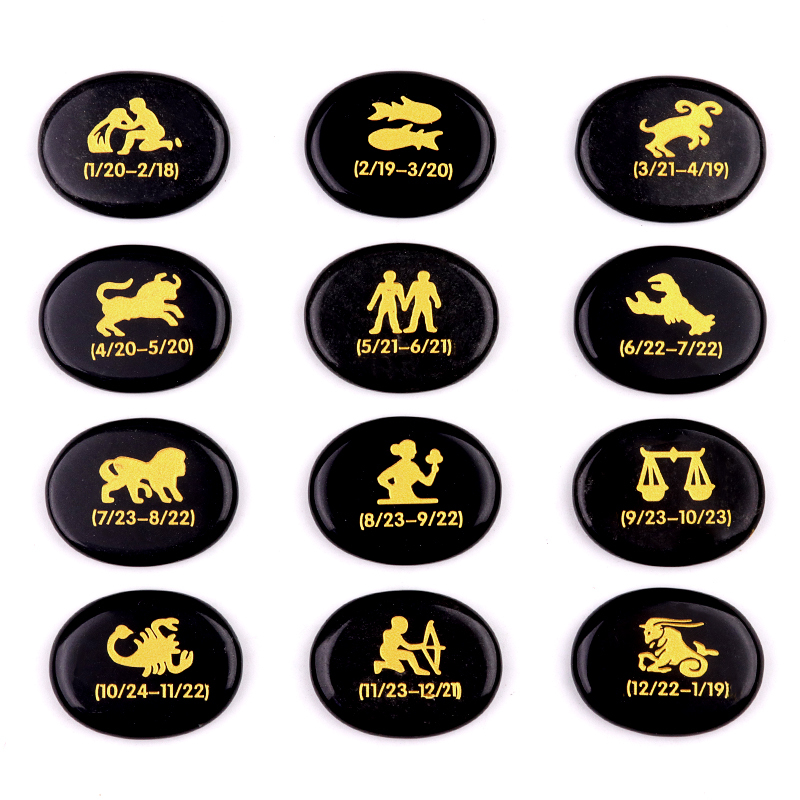 Yellow Tiger Eye Zodiac or Horoscope Symbols Engraved Stones (Set of 12) for Reiki Healing Meditation Balancing Worry Gemstone Pocket