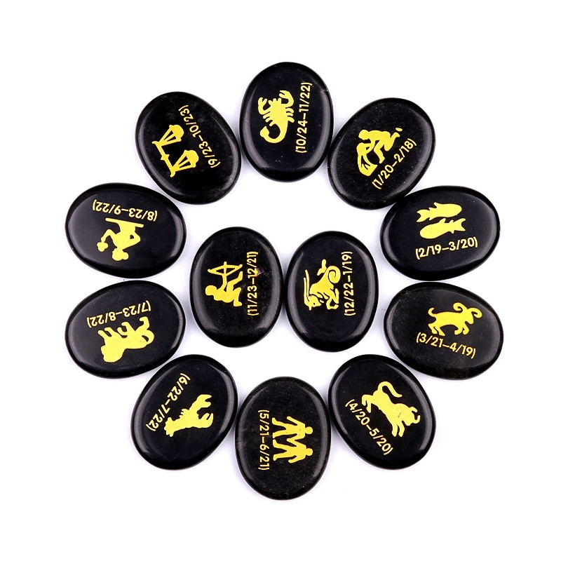 Zodiac or Horoscope Symbols Engraved Stones (Set of 12) for Reiki Healing Meditation Balancing Worry Gemstone Pocket