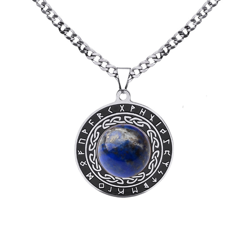 Stainless Steel Circular Necklace Natural Gemstone Cabs Pendant With 50CM Chain