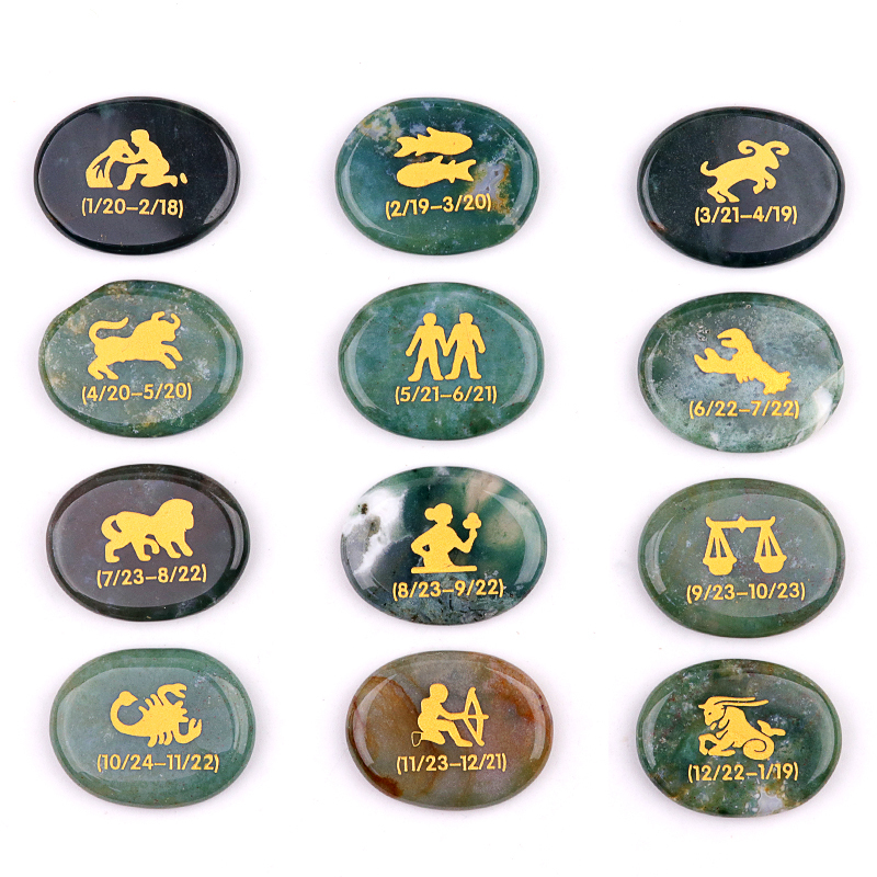 Yellow Tiger Eye Zodiac or Horoscope Symbols Engraved Stones (Set of 12) for Reiki Healing Meditation Balancing Worry Gemstone Pocket