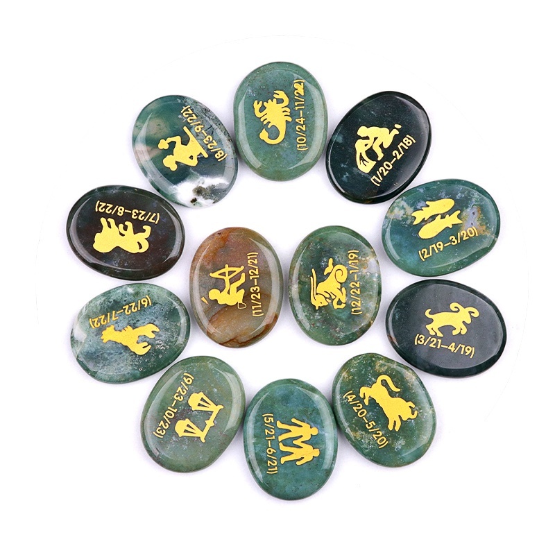 Zodiac or Horoscope Symbols Engraved Stones (Set of 12) for Reiki Healing Meditation Balancing Worry Gemstone Pocket