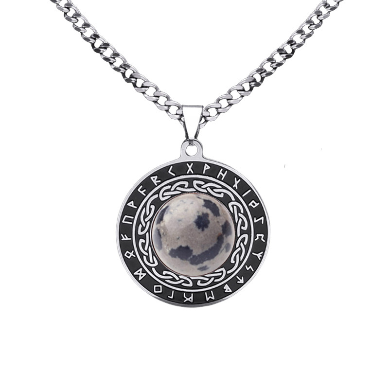 Stainless Steel Circular Necklace Natural Gemstone Cabs Pendant With 50CM Chain