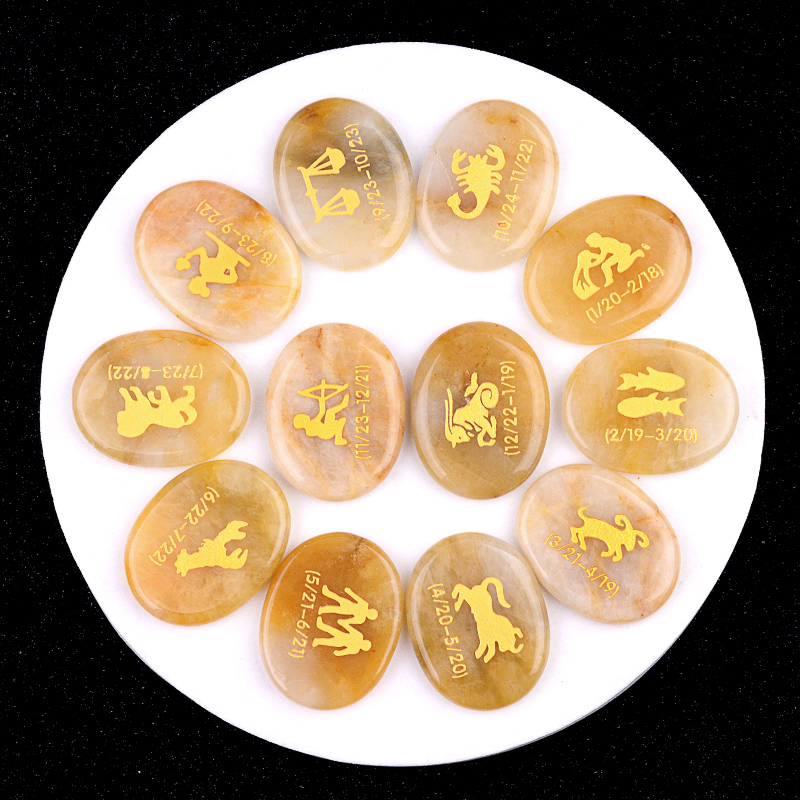 Yellow Tiger Eye Zodiac or Horoscope Symbols Engraved Stones (Set of 12) for Reiki Healing Meditation Balancing Worry Gemstone Pocket