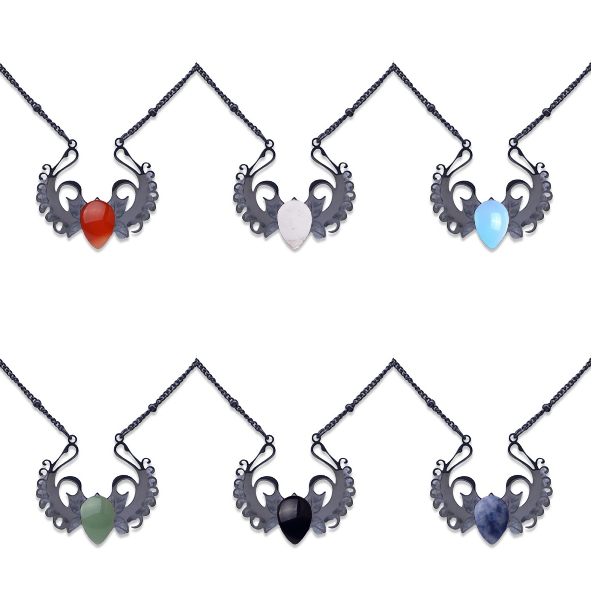Stainless Steel Necklace Natural Gemstone Cabs Pendant With 50CM Chain