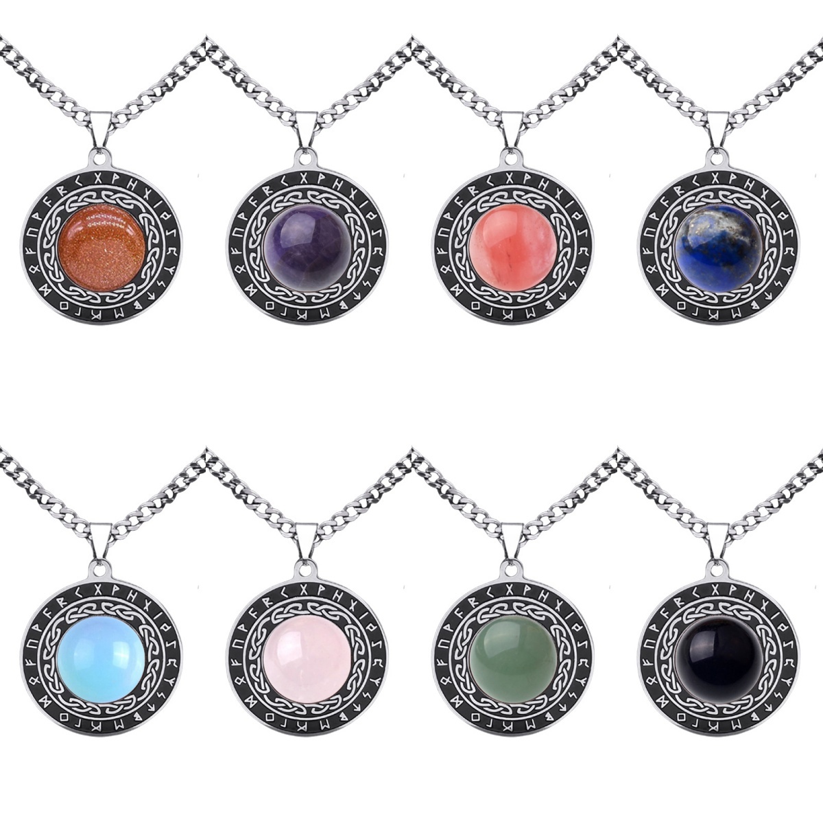 Stainless Steel Circular Necklace Natural Gemstone Cabs Pendant With 50CM Chain