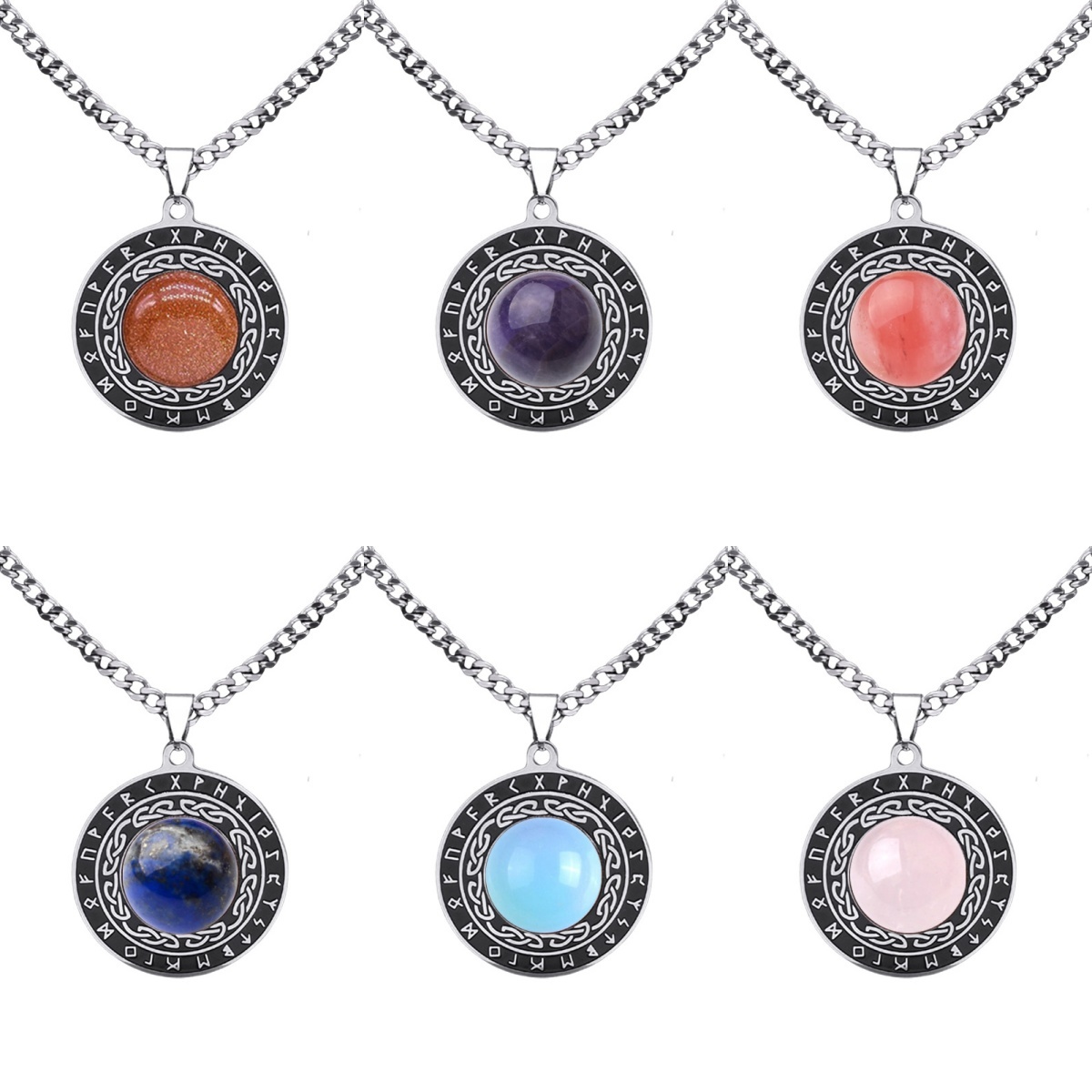 Stainless Steel Circular Necklace Natural Gemstone Cabs Pendant With 50CM Chain